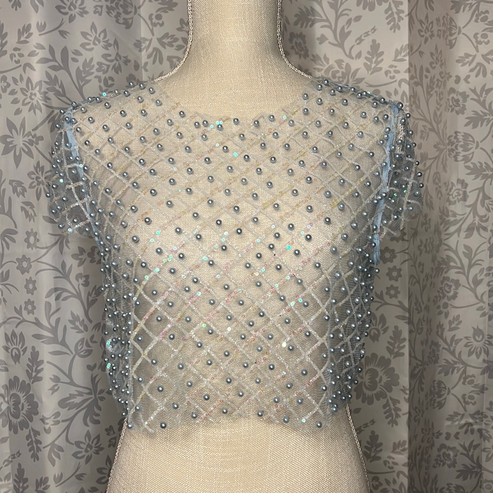 Cropped See-through Sequin&Beaded Top